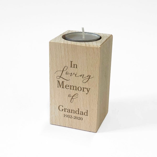 Personalised Wooden Memorial Tealight Candle Holder, "In Loving Memory Of" Remembrance Gift For Loved Ones - Personalise with Name and Dates