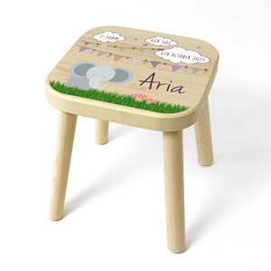Personalised Children&#39;s Wooden Elephant Stool, Baby Birth Details Keepsake, Birthday, Christening or Christmas Gift for Baby Boy or Girl
