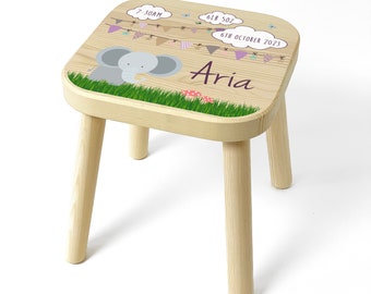 Personalised Children's Wooden Elephant Stool, Baby Birth Details Keepsake, Birthday, Christening or Christmas Gift for Baby Boy or Girl