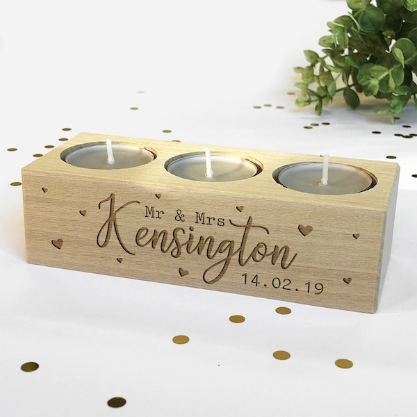 Personalised Tea Light Candle Holder Mr & Mrs Surname and Date, Wedding or Anniversary Gift Idea, Wooden Candle Block Holder