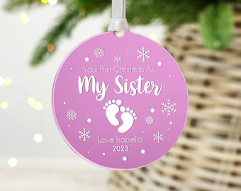 Personalised First Christmas As My Sister Mirror Bauble 1st Xmas As New Sister, Big Sister Keepsake Gift From New Baby