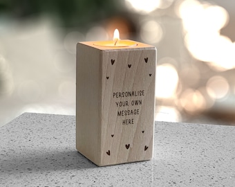 Personalised Beech Wood Tealight Candle Holder: Engraved Keepsake Gift