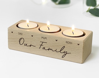 Personalised Family Names Beech Wood Tealight Candle Holder