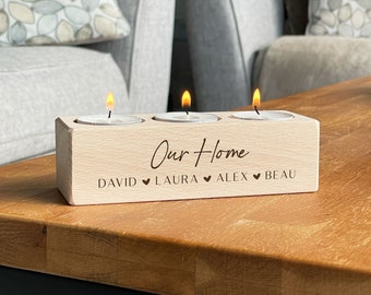 Personalised Family Beech Wood Tealight Candle Holder: Engraved Home Decor