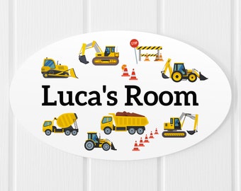Personalised Kids Construction Trucks Theme Bedroom Door Sign, Children's Wall or Door Plaque, For Girl or Boy, Digger, Excavator, Door Sign