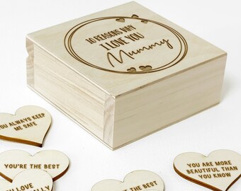 Personalised '10 Reasons Why I Love You Mum' Engraved Wooden Box & Hearts