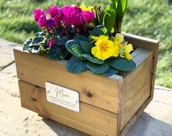 Mother's Day Wooden Planter Gift With Personalised Silver Plaque