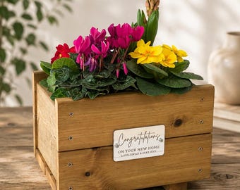 Wooden Planter Congratulations Gift With Personalised Silver Plaque