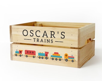 Personalised Kids Toy Train Set Wooden Storage Toy Box Crate for Children, Kids BOY GIRL Gift for Birthday or Christmas