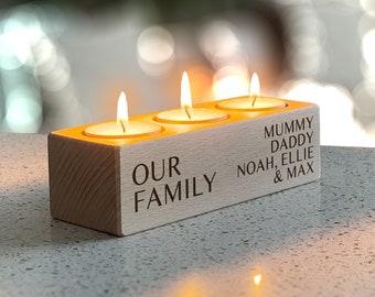 Personalised Family Names Beech Wood Tealight Candle Holder: New Home Gift