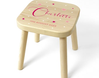 Personalised Pink Themed Kids Wooden Stool, Children's Birthday or Christmas Gift for Boy or Girl