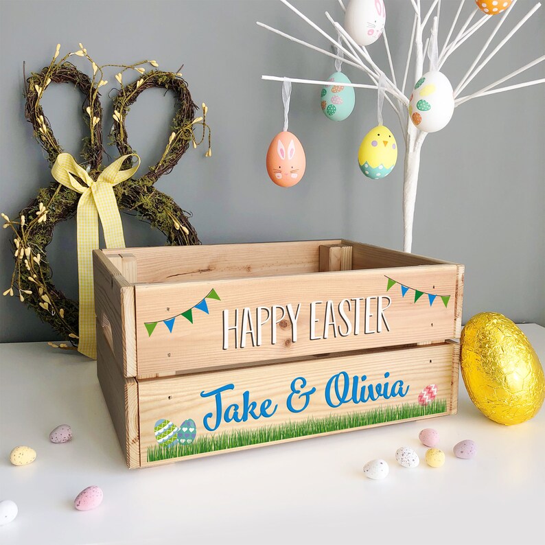 Personalised Wooden Happy Easter Crate Box Easter Egg
