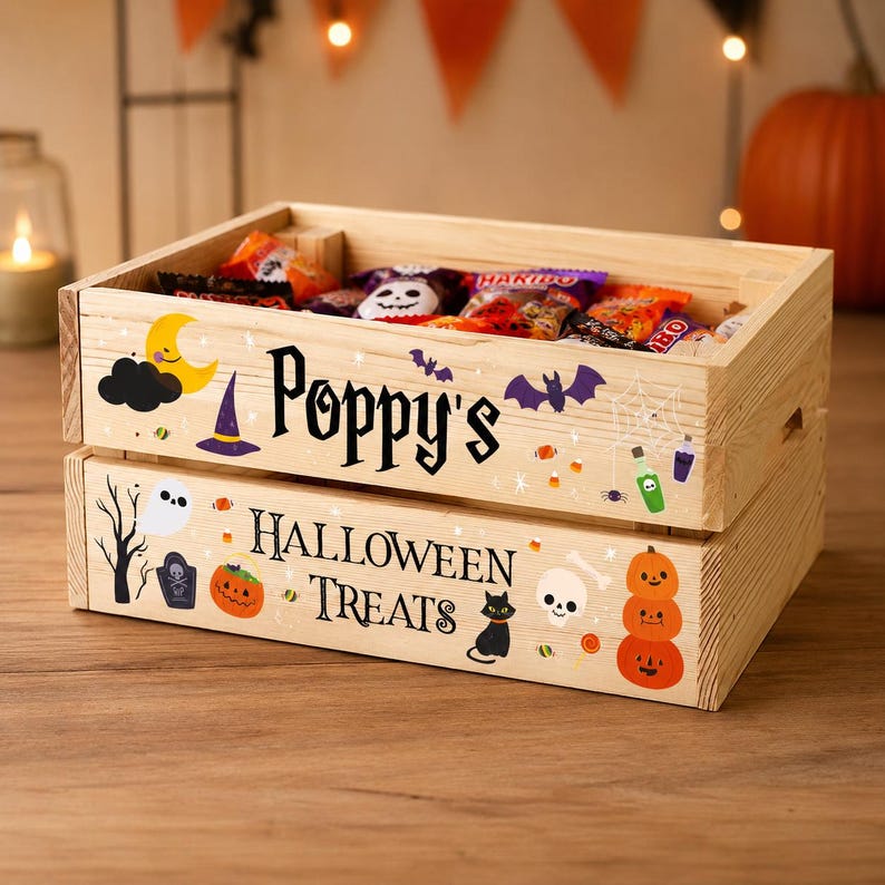 May include: A light-coloured wooden crate filled with assorted sweets, featuring the text Poppy's HALLOWEEN TREATS. The crate is decorated with colourful illustrations of a yellow moon, purple witch hat, bats, spider web, ghost, tombstone, pumpkins, and a black cat.