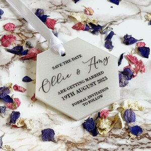 Luxury Acrylic Hexagon Save The Date Tags: Custom Wedding Stationery