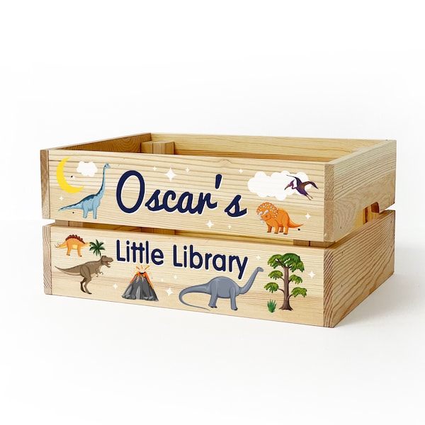 Personalised Children's Little Library Book Box, Dinosaur Themed Wood Story Book Crate For Kids, Childrens Gift for Birthday or Christmas