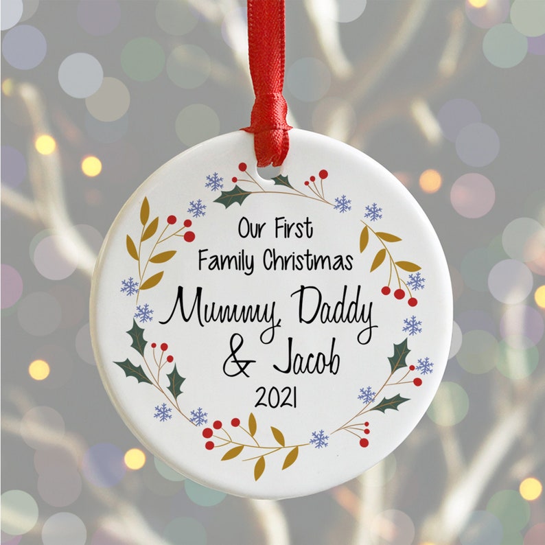 Personalised First Family Christmas Ceramic Bauble, 1st Family Xmas Decoration, Baby's 1st Christmas Family Keepsake Decoration, New Baby 