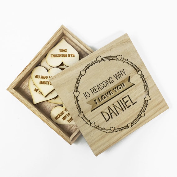 Personalised Gift For Her 10 reasons why I Love you Wooden Box and Hearts CR-2 