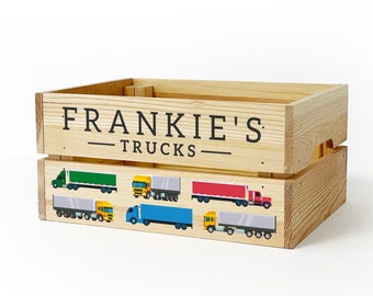 Personalised Kids Toy Trucks & Lorries Wooden Storage Toy Box Crate for Kids BOY GIRL Gift for Birthday or Christmas