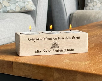 Personalised New Home Gift: Engraved Beech Wood Tealight Candle Holder