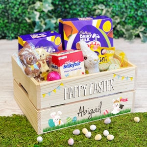 Happy Easter Personalised Bunny Rabbit Crate, Easter Egg Hamper Gift Box For Kids, Children and Grandchildren, Easter Box