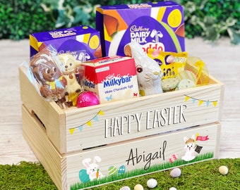 Happy Easter Personalised Bunny Rabbit Crate, Easter Egg Hamper Gift Box For Kids, Children and Grandchildren, Easter Box