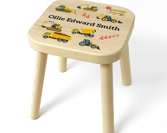 Personalised Construction Trucks Themed Wooden Children's Kids Stool, Excavator Digger Stool, Birthday or Christmas Gift for Boys and Girls