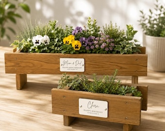 Handmade Wooden Garden Planter Birthday Gift With Personalised Plaque