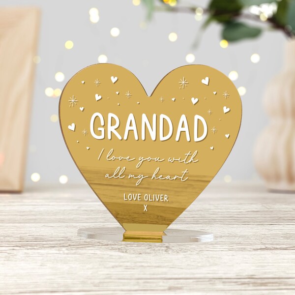 Personalised Mirror Heart Plaque Gift For Grandad - Father's Day, Birthday or Christmas Gift - Gift For Granddad, Papa - Gift From Kids