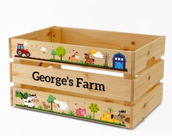 Personalised Kids Toy Box: Farm Animal Wooden Storage Crate
