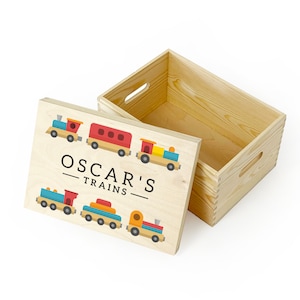 Personalised Train Set Wooden Toy Box For Kids, Childrens Bedroom Toy Storage Box, Birthday or Christmas Present, Tracks Stations Carriages