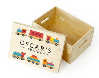 Personalised Train Set Wooden Toy Box For Kids, Childrens Bedroom Toy Storage Box, Birthday or Christmas Present, Tracks Stations Carriages