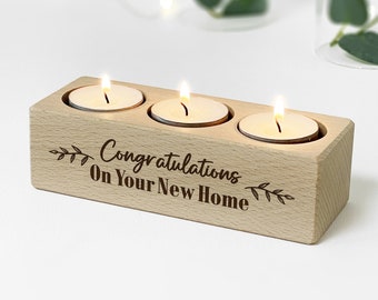 Personalised New Home Gift: Engraved Beech Wood Tealight Candle Holder