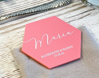 Acrylic Hexagon Table Place Name Cards - Luxury Custom Wedding Décor, Place Card, Mirror, Pastel, Matt, Pearlescent, Shimmer