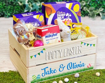 Personalised Wooden Happy Easter Crate Box, Easter Egg Treat Basket Box Gift For Children, Kids Easter Box