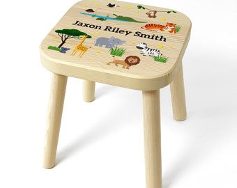 Personalised Wild Animals Themed Wooden Children's Kids Stool, Safari Zoo Animals Stool, Birthday or Christmas Gift for Boys and Girls