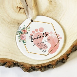 Ornement souvenir personnalisé en céramique pour bébé garçon ou fille avec poids, longueur, heure et date de naissance, cadeau de baptême, nouveau bébé