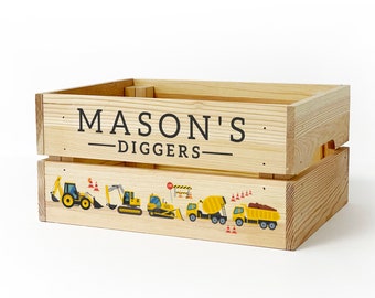 Personalised Wooden Diggers Trucks Storage Box for Kids BOY GIRL Crate Gift for Birthday or Christmas