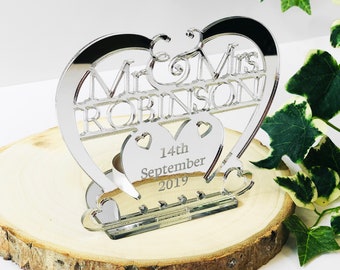 Personalised Silver Heart Tea Light Candle Holder Mr & Mrs Surname and Date - Wedding or Anniversary, Christmas Gift, Married, Husband, Wife