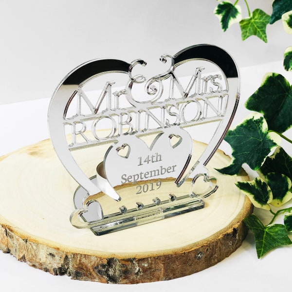 Personalised Silver Heart Tea Light Candle Holder Mr & Mrs Surname and Date - Wedding or Anniversary, Christmas Gift, Married, Husband, Wife