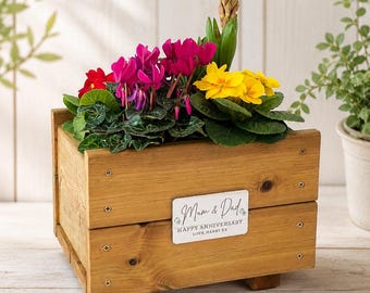 Wooden Planter Anniversary Gift With Personalised Silver Plaque