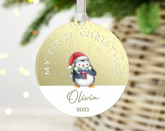 Personalised Baby's First Christmas Mirror Xmas Tree Decoration, Penguin 1st Christmas Bauble For New Born Baby, Keepsake Gift