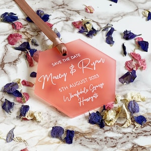 Acrylic Hexagon Save The Date Tags: Custom Wedding Announcement
