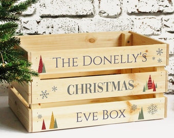 Personalised Large Christmas Eve Treat Box, Solid Wood, Printed Family Xmas Eve Box / Crate