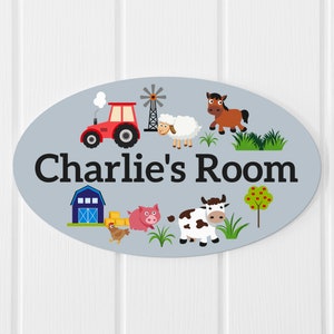 Personalised Kids Farm Animals Theme Bedroom Door Sign, Children's Wall or Door Plaque, For Girl or Boy, Farm Animals Tractors, Nursery Sign