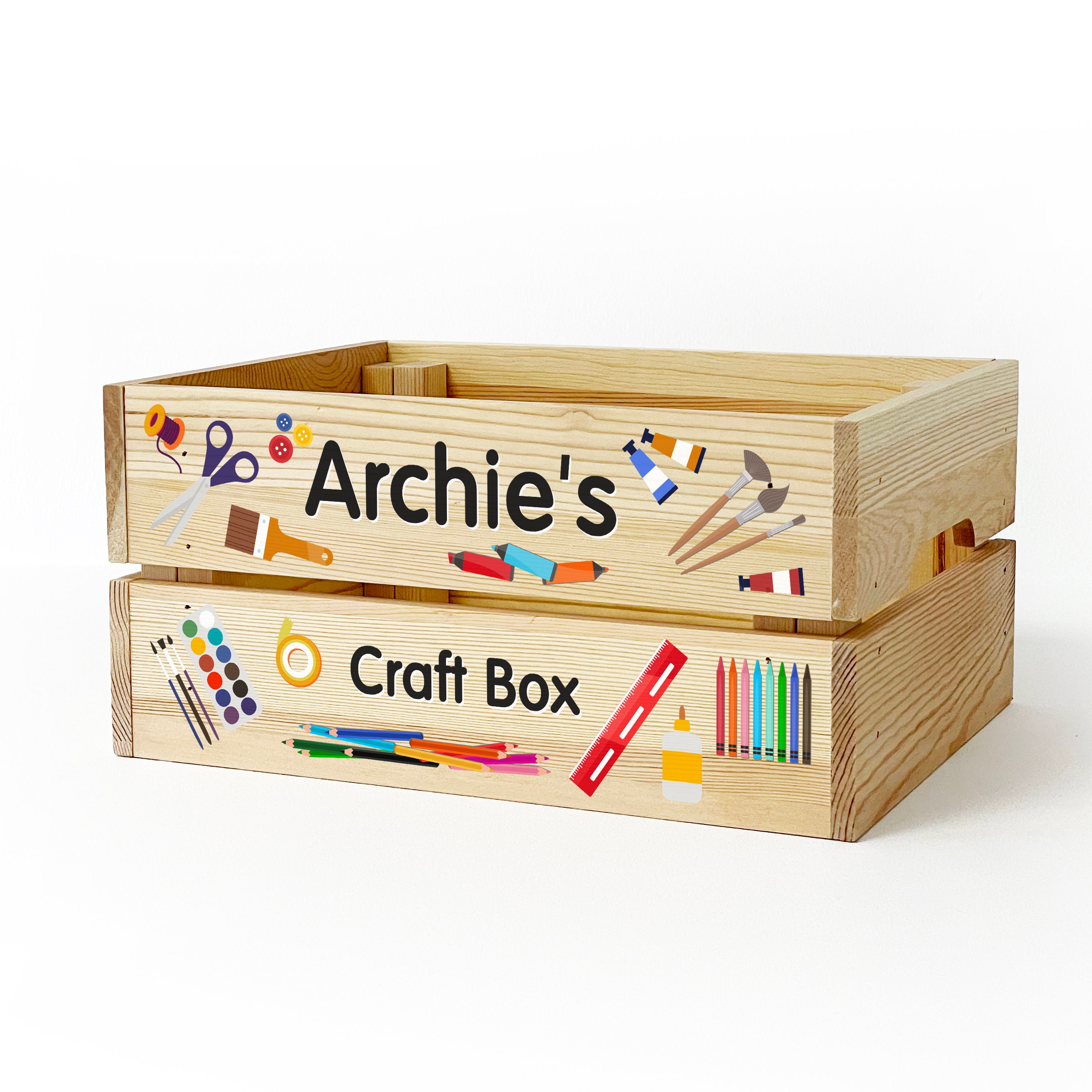 Personalised Wooden Arts & Crafts Box for Kids BOY GIRL Childrens Crate  Gift for Birthday or Christmas 