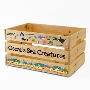Personalised Kids Toy Sea Creatures and Animals Large Wooden Storage Toy Box Crate for Children, Kids BOY GIRL Gift Birthday or Christmas