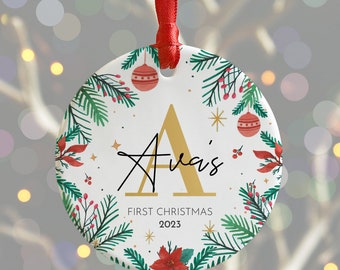 Personalised Baby 1st Christmas Bauble, Baby's First Christmas Ceramic Decoration, 1st Xmas Decoration with Initial, New Baby Keepsake