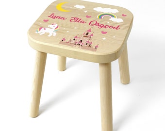 Personalised Unicorn Themed Wooden Children's Kids Stool, Rainbow & Clouds Stool, Birthday or Christmas Gift for Girls