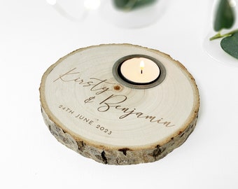Personalised Engraved Wood Slice Tealight Holder - Anniversary Gift