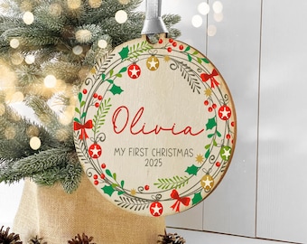 Personalised New Baby's First Christmas Wooden Bauble Keepsake, Christmas Ornament Decoration Gift